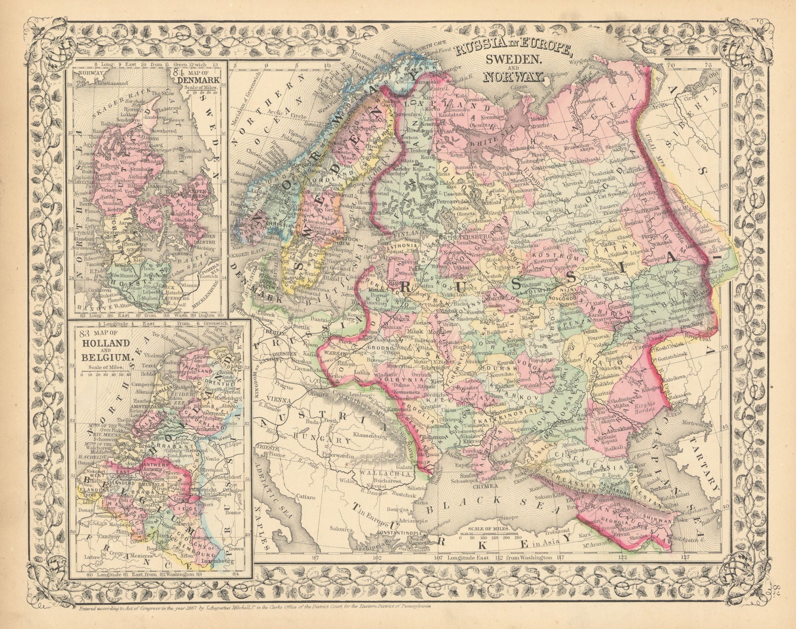 Russia in Europe, Sweden & Norway. Denmark Holland Belgium. MITCHELL 1869 map